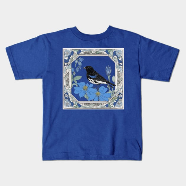 Lark Bunting And Colorado Blue Columbine In Decorative Border Kids T-Shirt by taiche